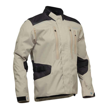 A beige and black technical jacket with multiple zippered pockets, shown on a plain white background.